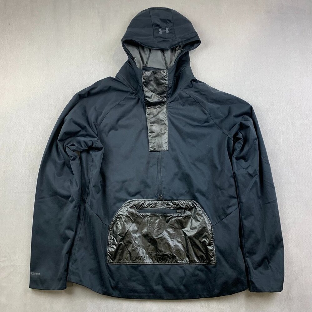 Under Armour Mens Large Anorak Jacket Large Fitted Black Hooded Storm Pullover